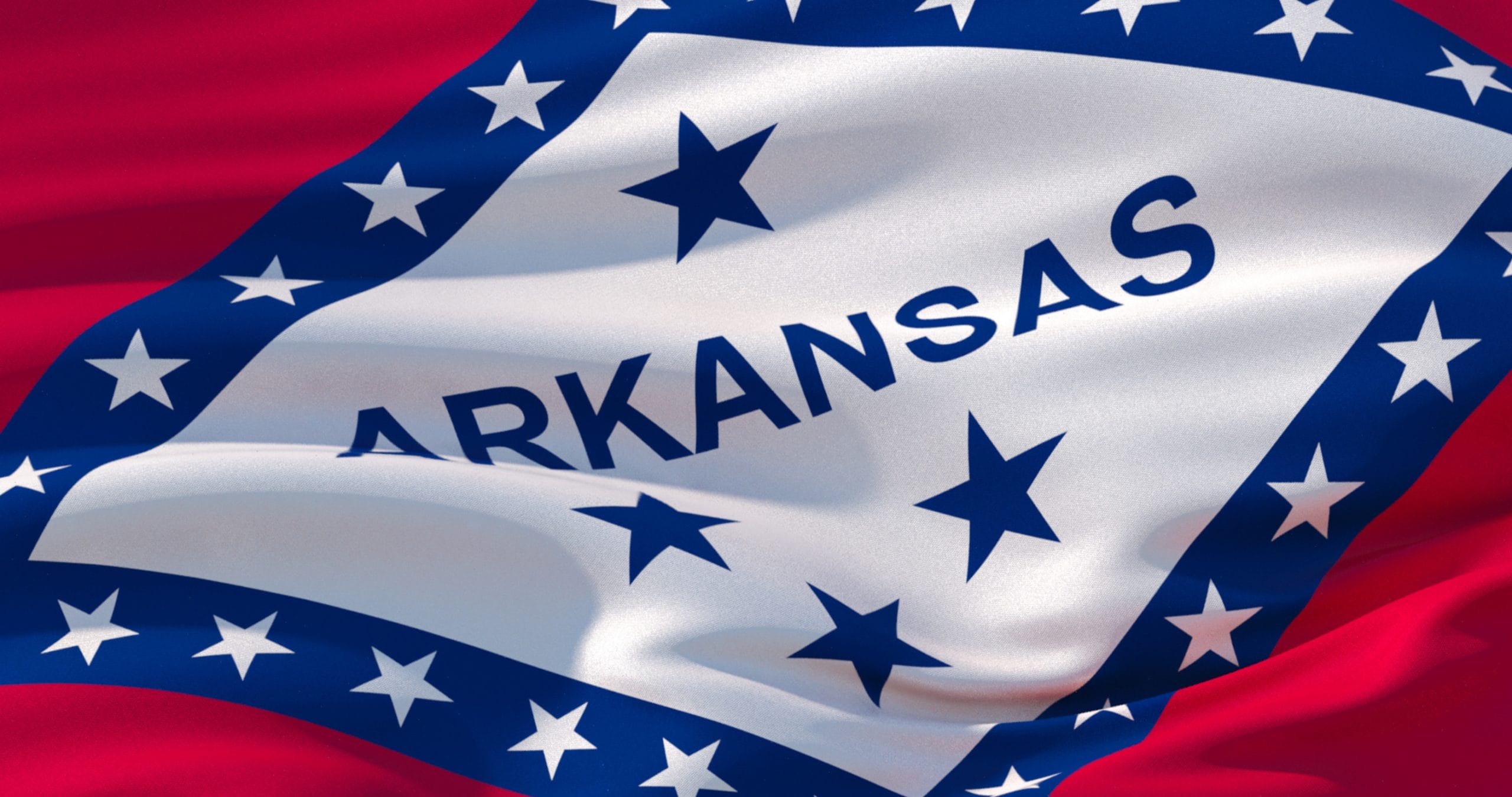 Fluttering silk flag of Arkansas state, United States of America. Arkansas flag in the wind, colorful background. 3d illustration