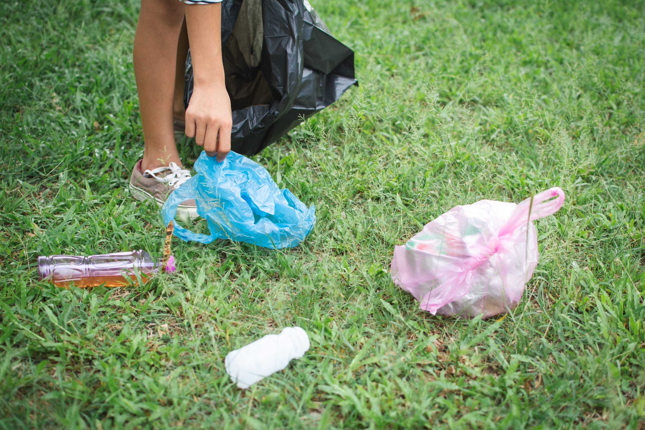 Human hand picking up plastic into bin bag on park ,volunteer concept