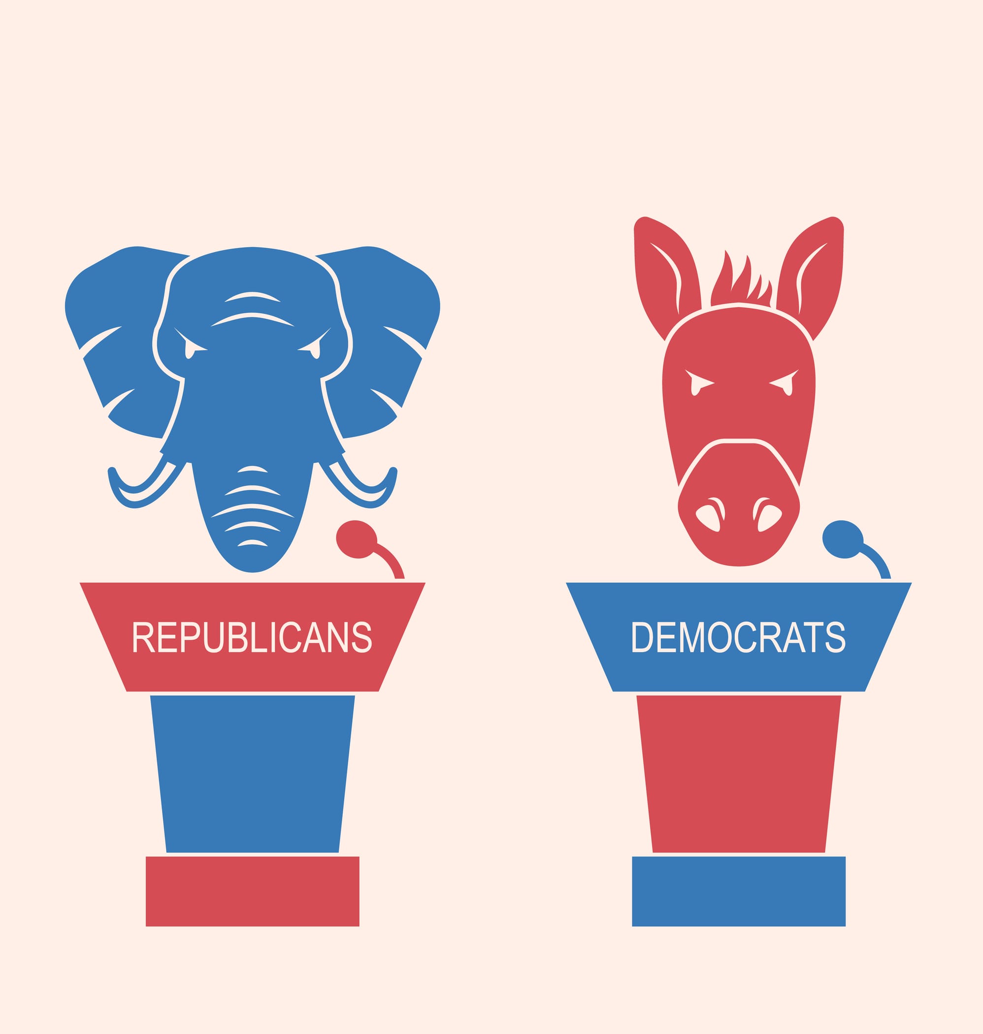 Illustration Concept of Debate Republicans and Democrats. Donkey and Elephant as a Orators Symbols Vote of USA. Retro Style Design - Vector