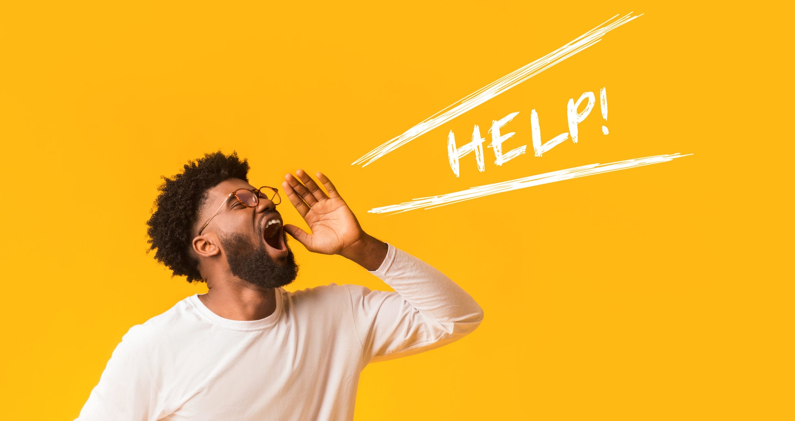 Need for help. Black man screaming help over orange background, panorama with free space