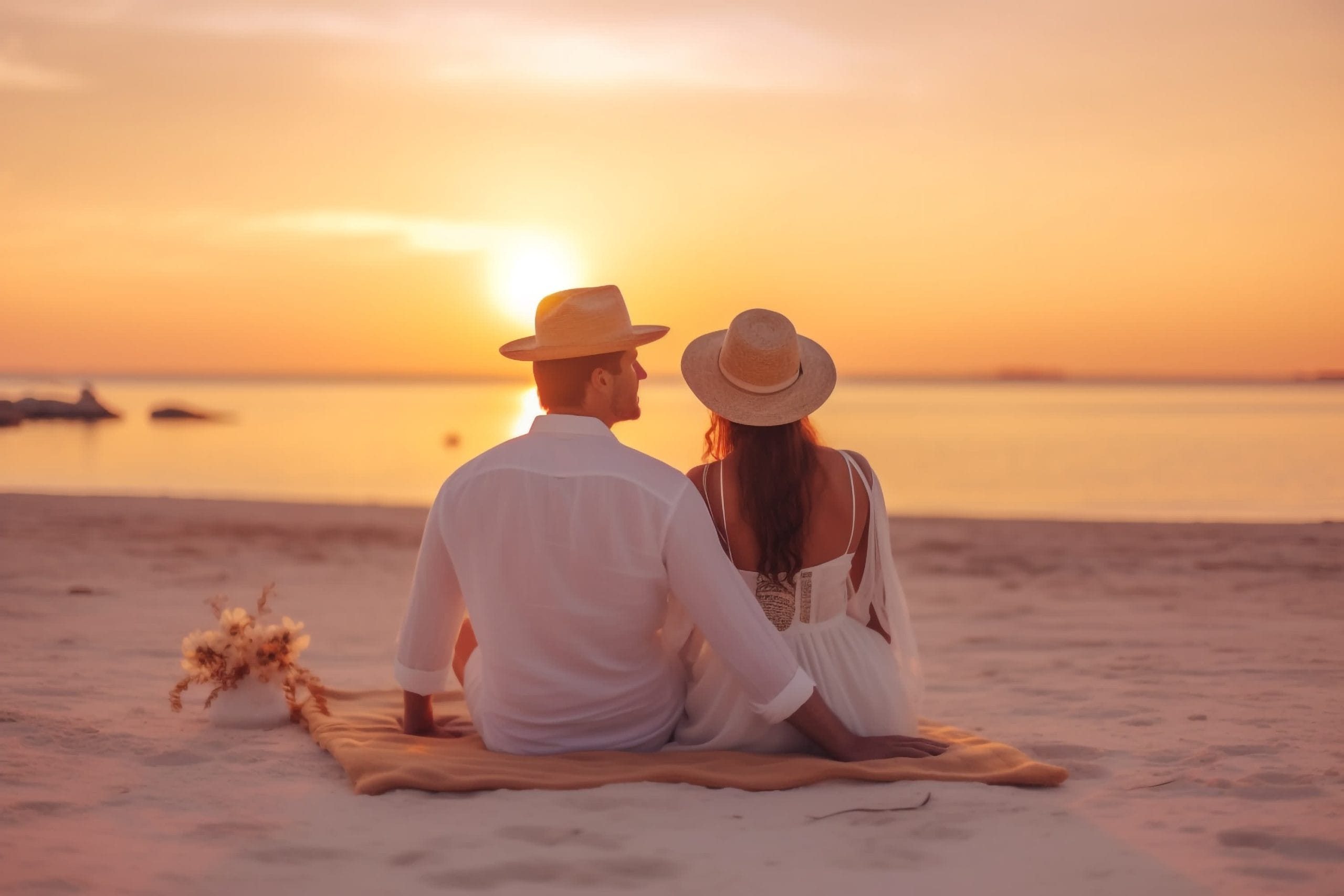 newlywed couple in white enjoying sunset on the sandy tropical beach. Travel and honeymoon concept. High quality photo