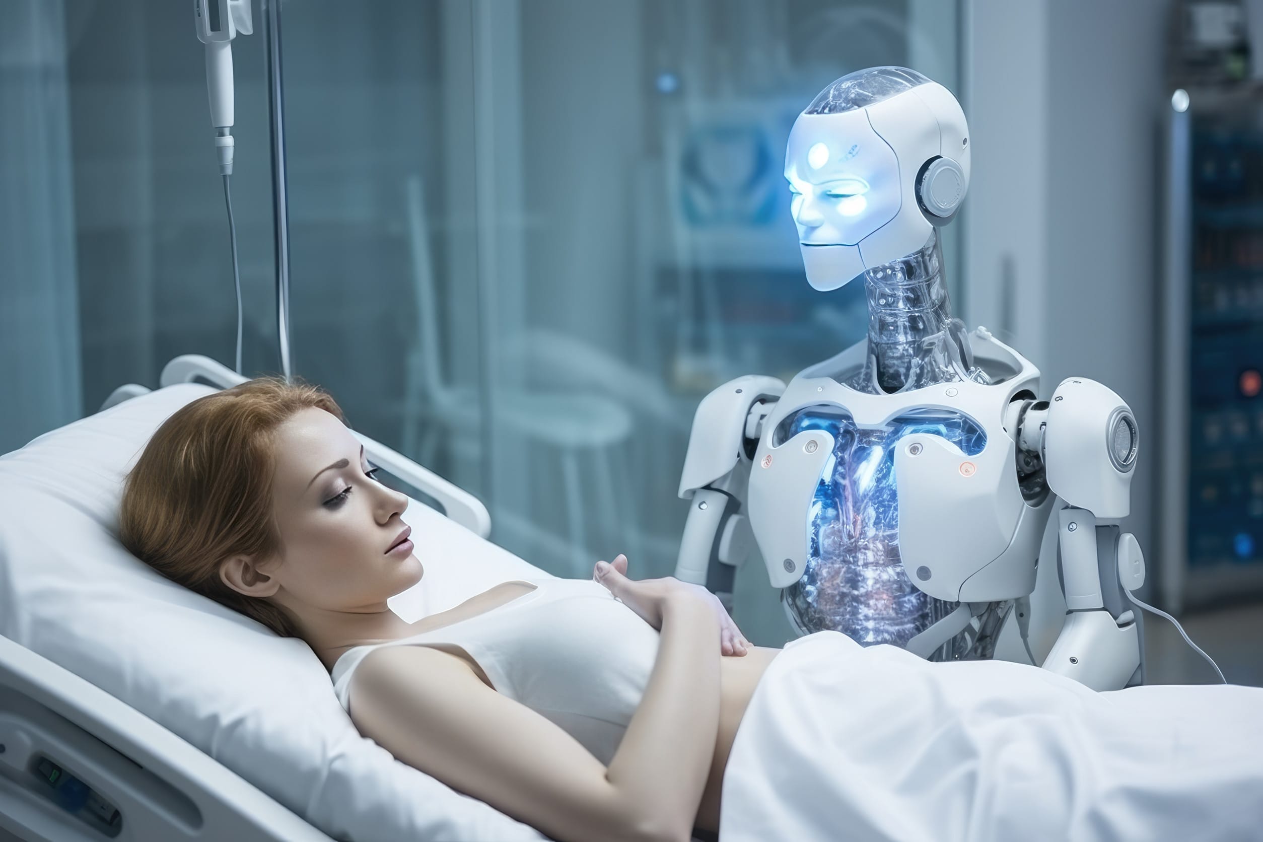 A photograph of a patient lying in a hospital bed, surrounded by robots, with a team of doctors and nurses caring for them. Generative AI