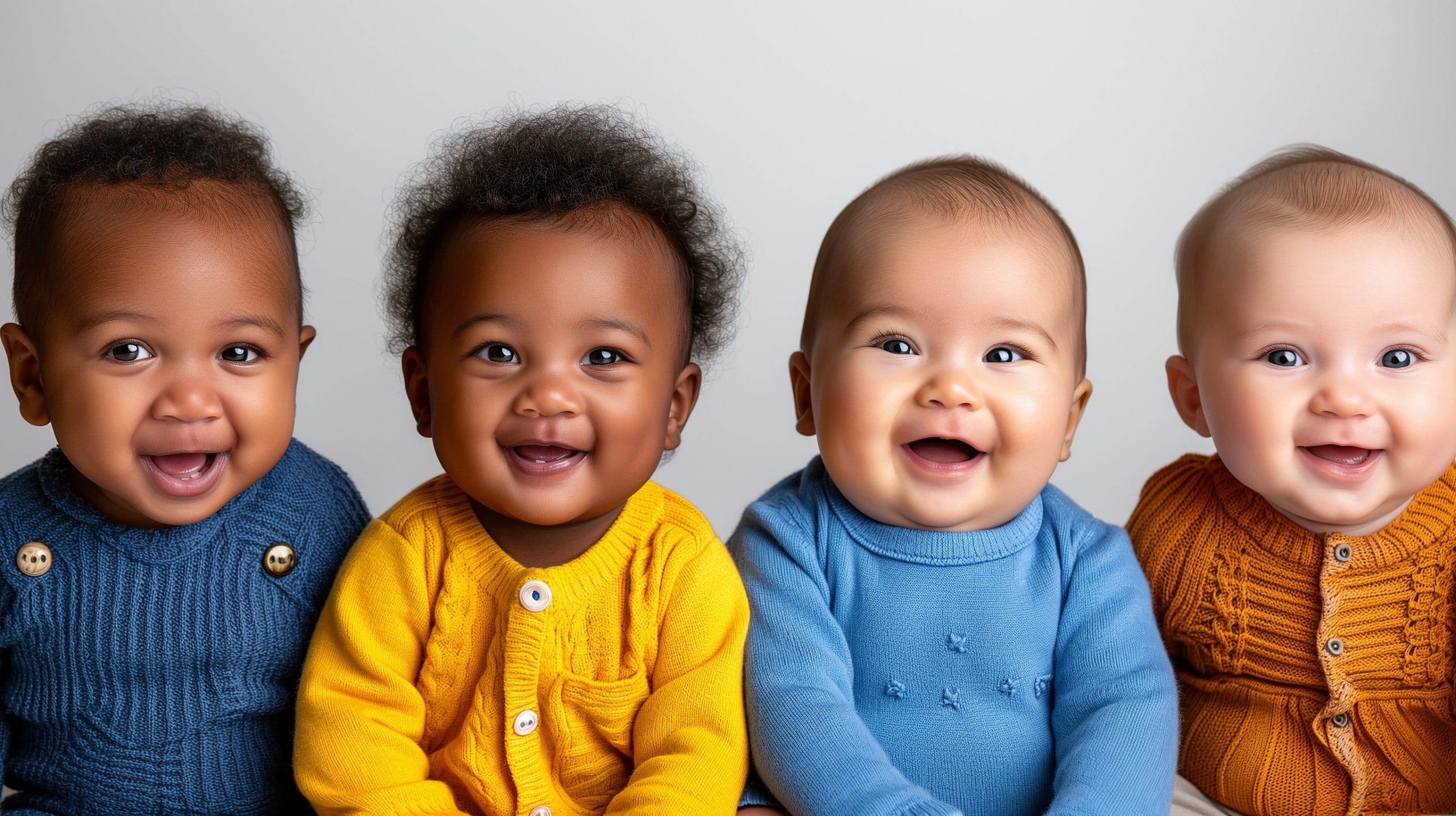 Group of multiethnic babies crawling isolated. on white background