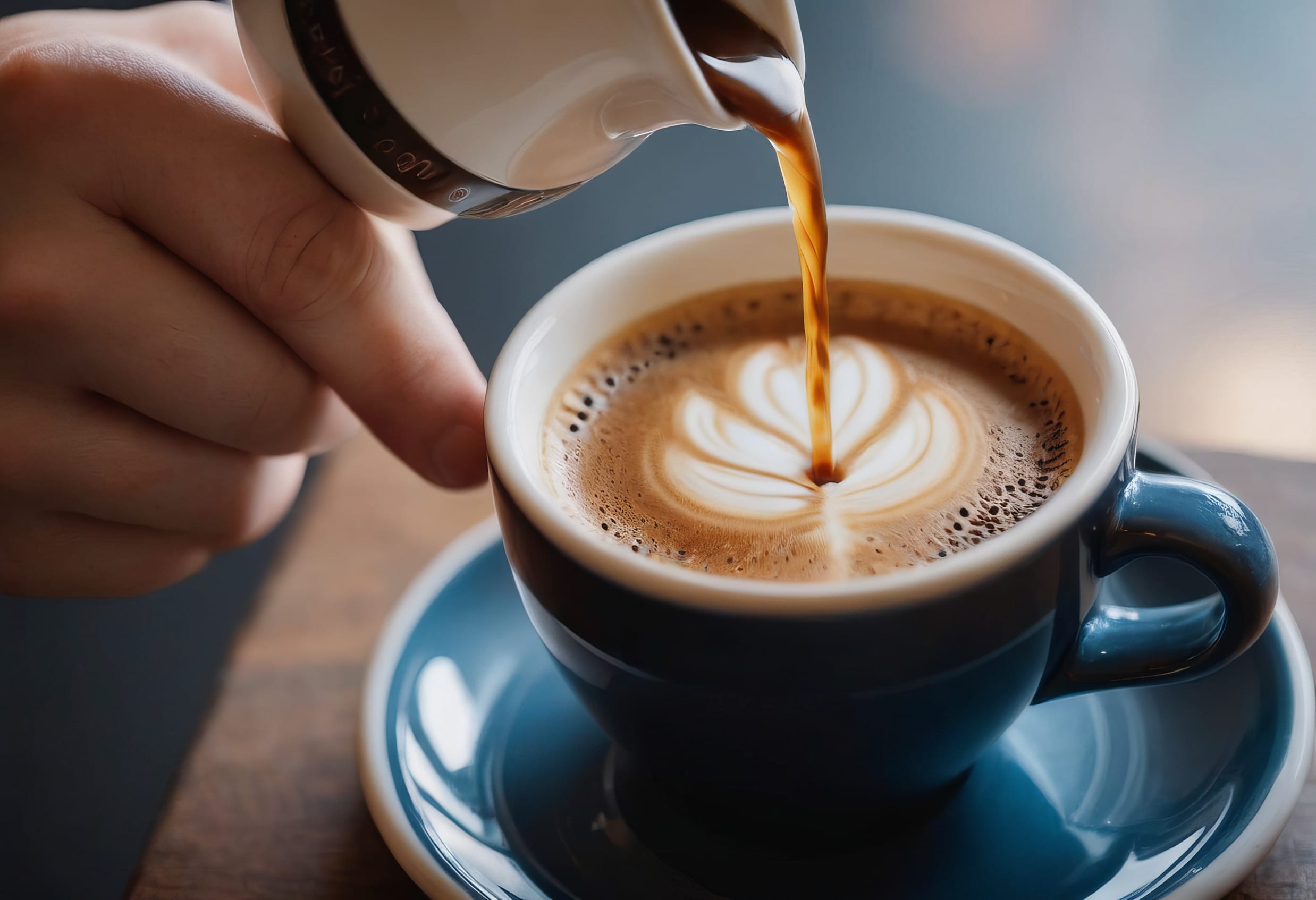 The barista pours coffee from the coffee maker into a coffee cup. A hand holding a classic coffee pot pours coffee