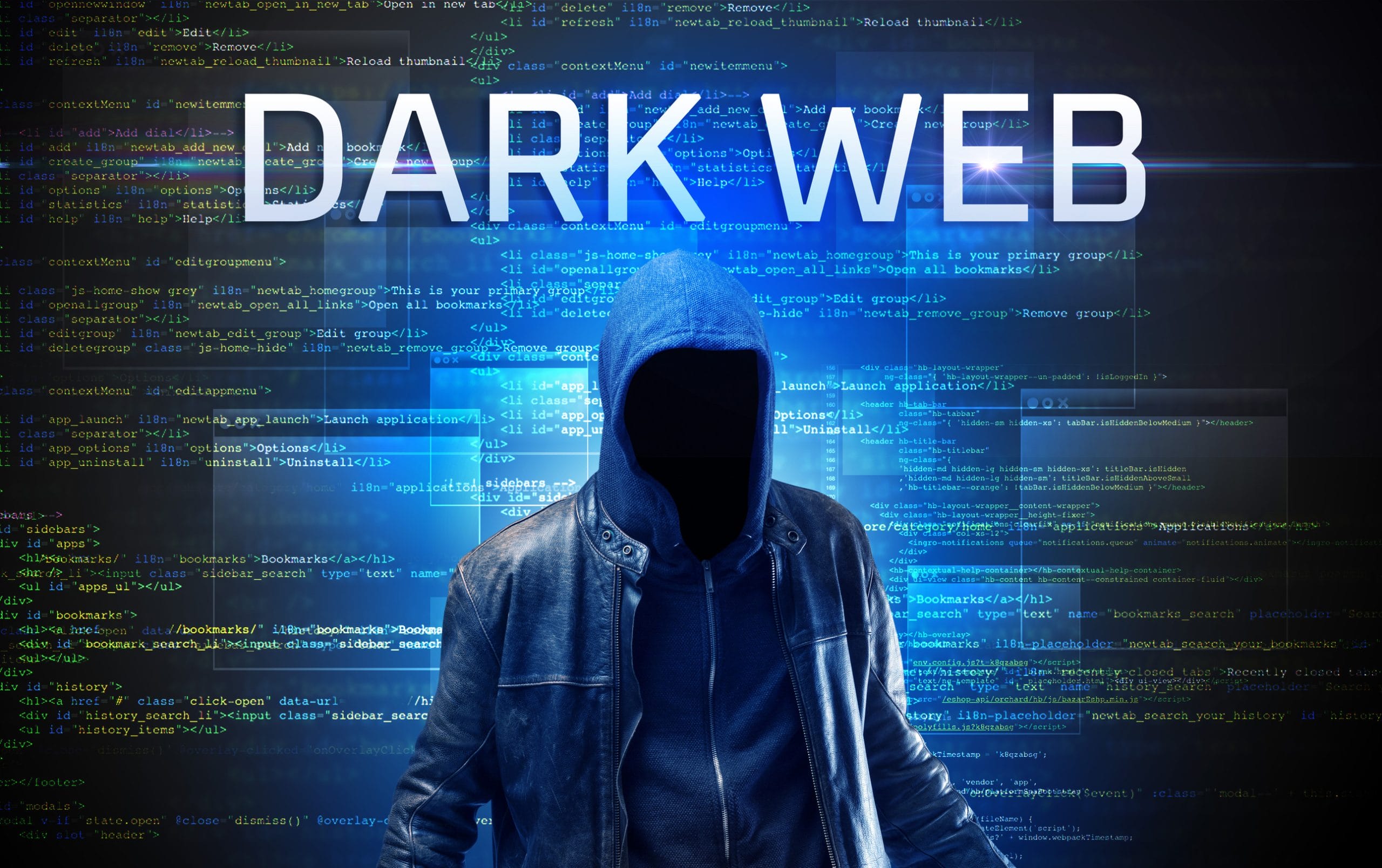 Faceless hacker with DARK WEB inscription on a binary code background