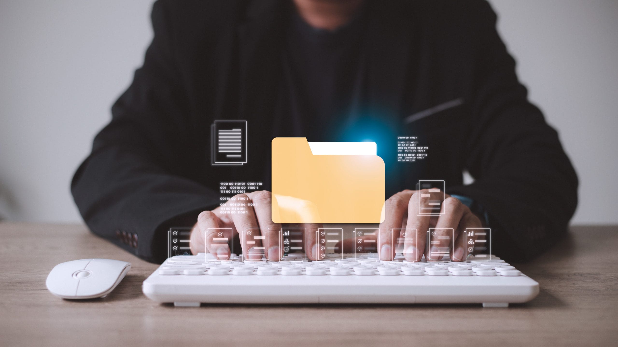 Businessman finger touch digital device, hud hologram with office document icons and binary. Storage of personal data information, online database. Concept of cloud service