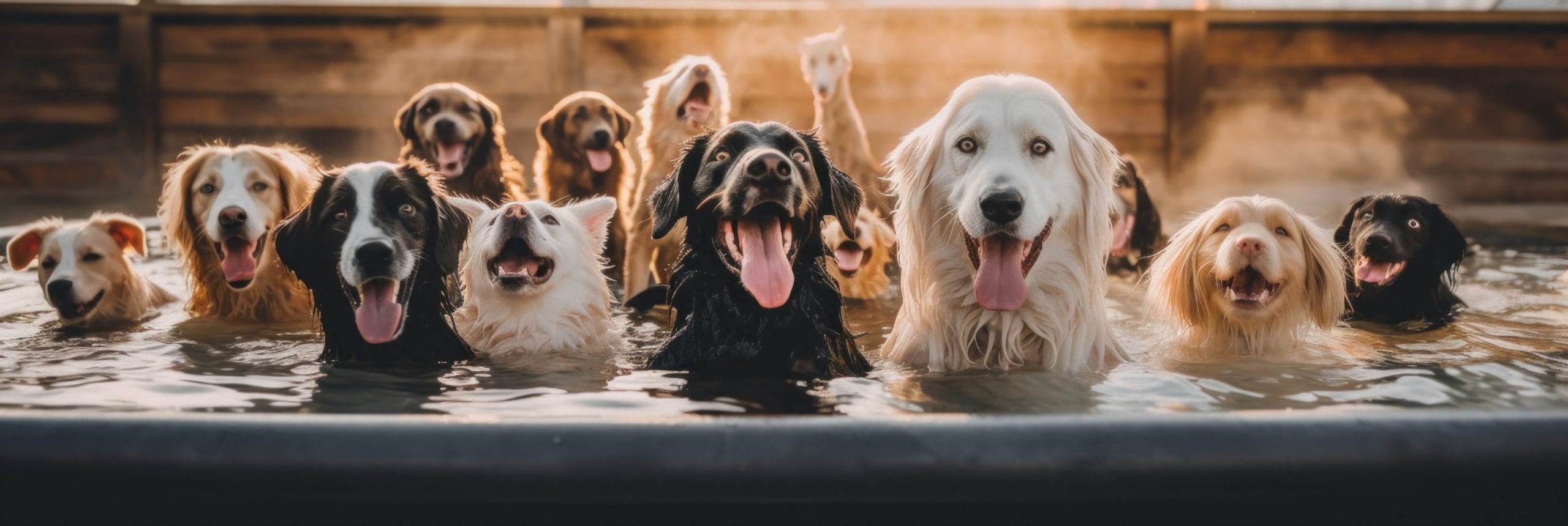 A group of dogs in a pool of water. Generative AI.