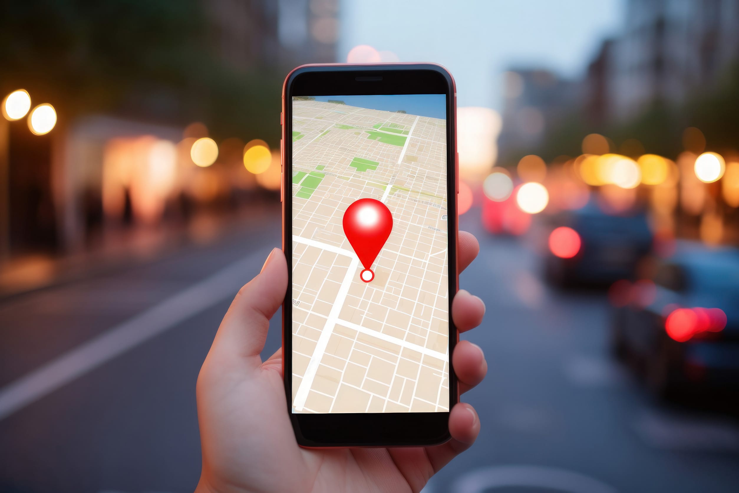 Woman hand using smartphone with gps navigator map icon on blur street background. Technology and business travel concept. Generative ai.