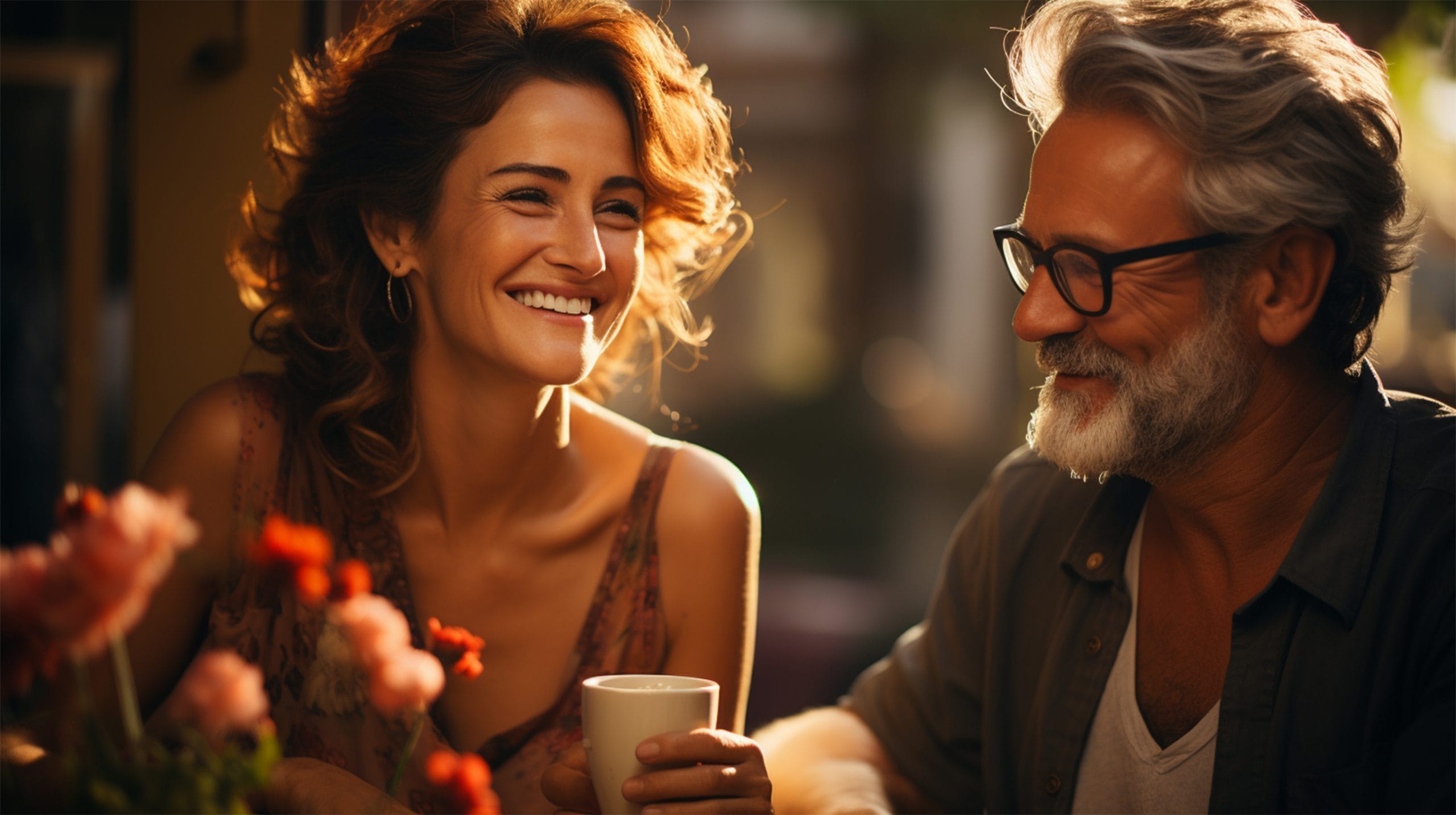 Joyful middle-aged couple, man and woman, on the veranda in the garden