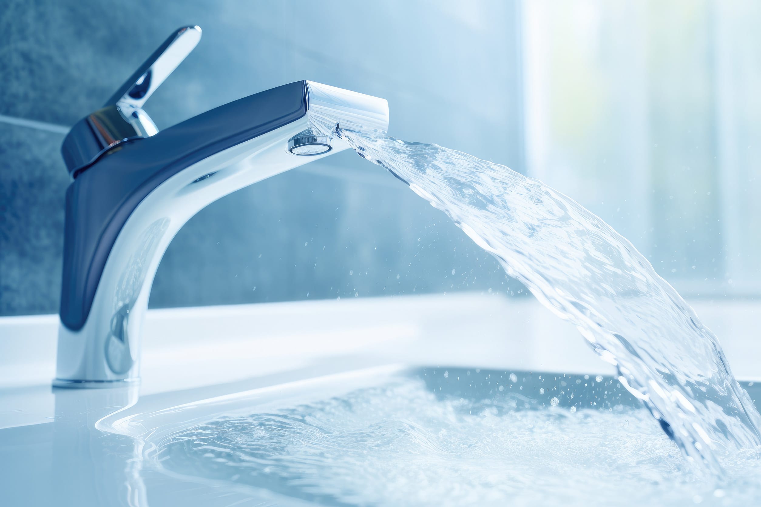 A detailed close-up photograph of a faucet in action, capturing the flowing water, Water faucet faucet, Running water in bathroom with sink, AI Generated